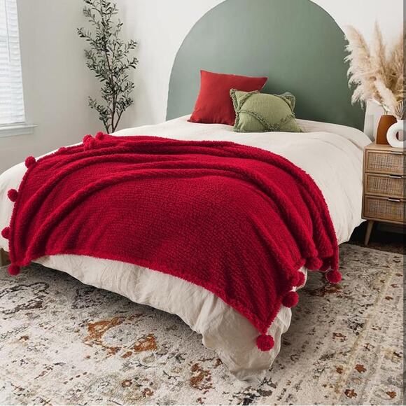 HORIMOTE HOME soft and cozy Sherpa Blanket with Pompoms boho style - Picture 4 of 7
